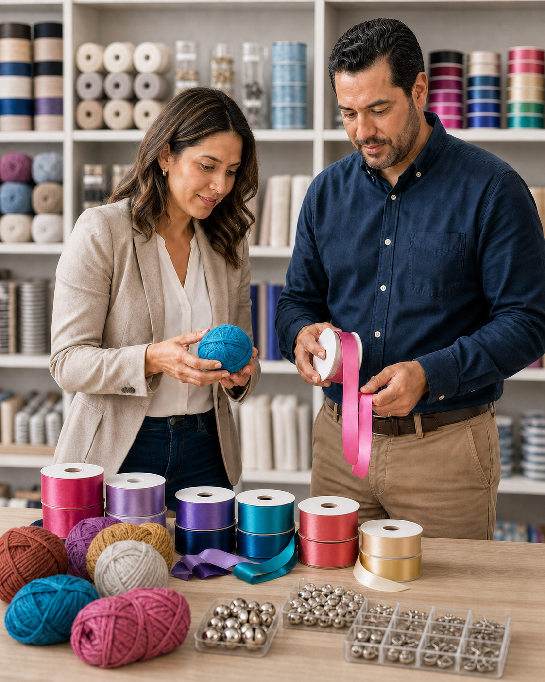 Compradores revisando productos de fiesta, Navidad y mercería